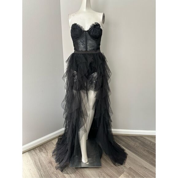 NWT For Love & Lemons Womens Strapless Sheer Tulle Bustier Gown Black Large $359 - Picture 5 of 11